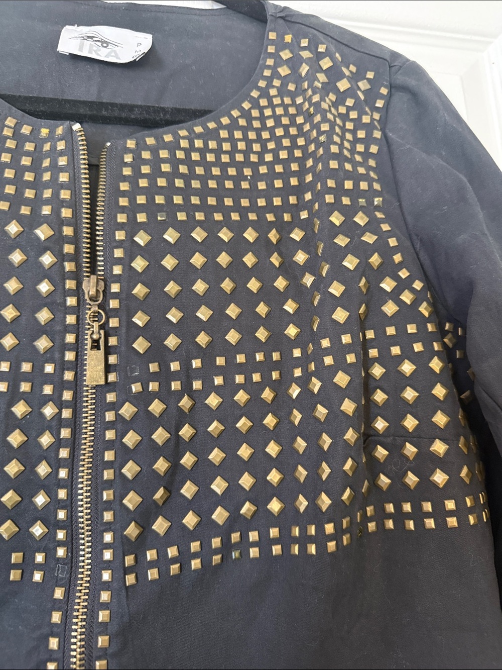 IRA Black Studded Zip Front Jacket Cotton Blend Bronze Studded Size PM - Picture 4 of 12